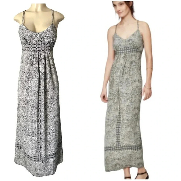 ANN TAYLOR LOFT Women’s Size 4 Maxi Dress Black/White Paisley Spaghetti Straps - Picture 1 of 7